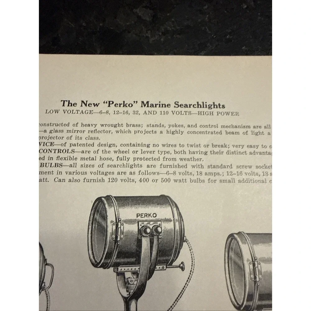 VTG 1930 Print Ad Perko Marine Searchlight Boat Light Ship Yacht Ocean Costal
